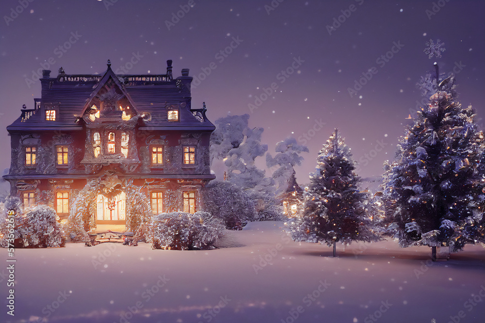 A festive illustration of a castle surrounded by winter snow