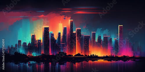 Abstract Watercolor City Skyline Banner in Neon Colors. Generative AI. © Moonlight Graphics