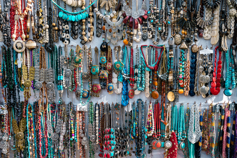 Variety of Traditional Egyptian Jewelry Souvenir. Oriental Bazaar at Nubian Village. Aswan. Egypt. Africa.