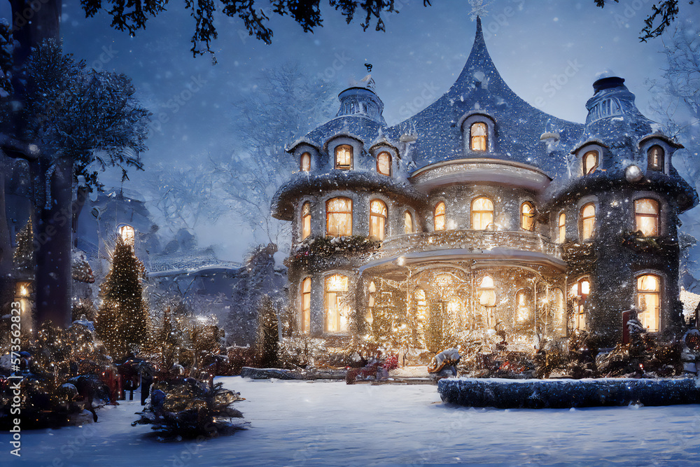 Enchanting Christmas castle illustration in the snow