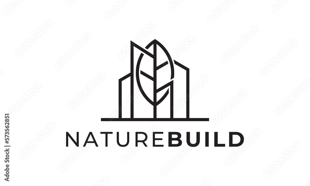 Fototapeta premium leaf tree building tower logo design. simple modern line symbol vector