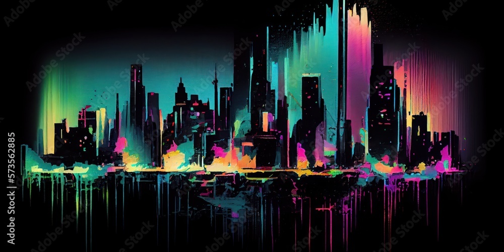 Abstract Watercolor City Skyline Banner in Neon Colors. Generative AI.