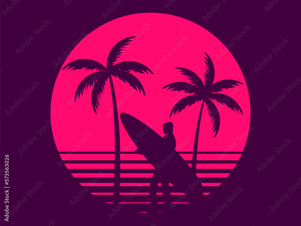 Surfer with a surfboard against a retro sunset in the style of the 80s. Silhouette of a surfer and palm trees. Design for banners, posters and promotional items. Vector illustration