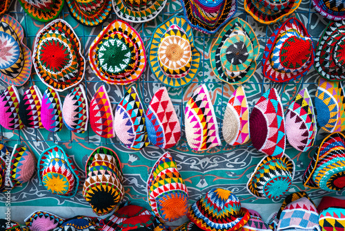 Colorful Handmade Clothes. Variety of Traditional Egyptian Souvenir. Oriental Bazaar at Nubian Village. Aswan. Egypt. Africa.