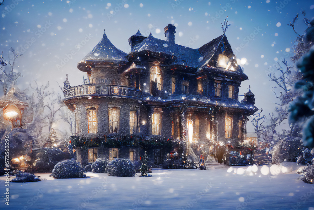 A dreamy Christmas castle illustration in a winter landscape