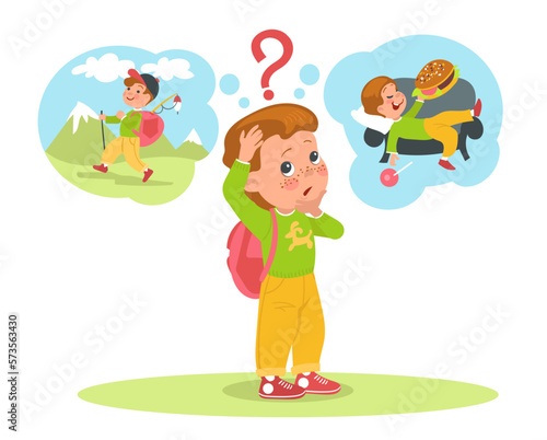 Kids choice. Cute boy chooses between hiking and lying on couch. Active lifestyle against laziness and gluttony. Procrastination or workout. Activities selection. Splendid vector concept