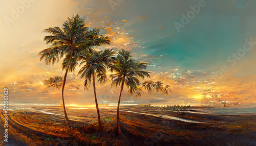 Oasis at sunset in a sandy desert, a panorama of the desert with palm trees,3d rendering. Generative Ai © hassanmim2021