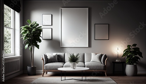 Sunny Living room with open window  mockup framed art and a lamp  Generative AI