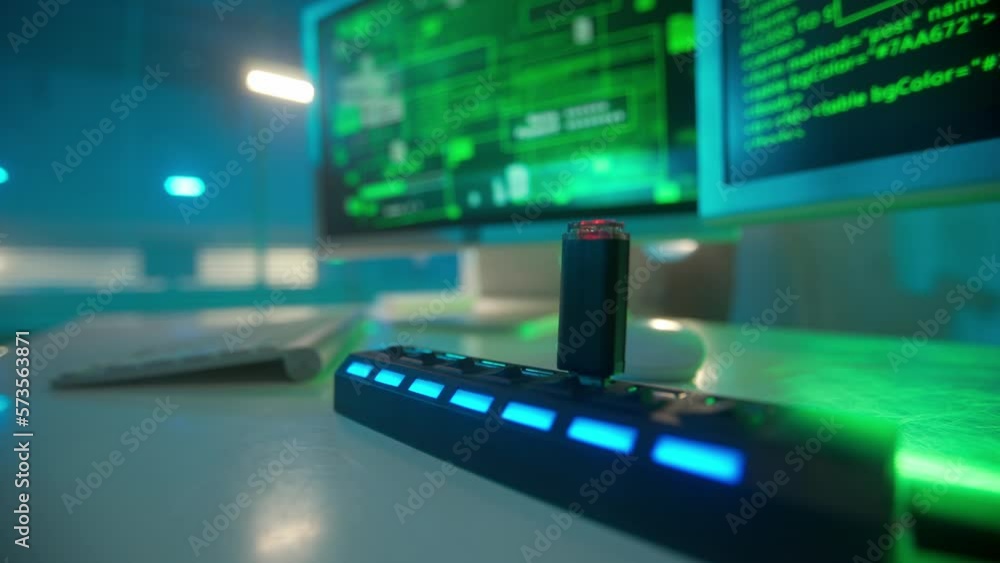 A black flash drive with a red flashing light is inserted into the USB