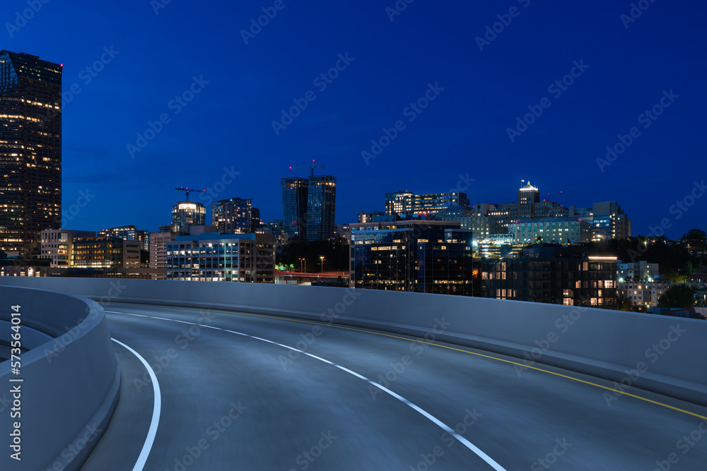 Naklejka premium Empty urban asphalt road exterior with city buildings background. New modern highway concrete construction. Concept way to success. Transportation logistic industry fast delivery. Seattle. USA.