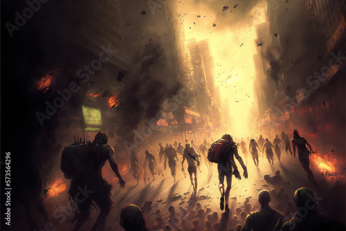 zombies running in a destroyed burning city, Generative AI