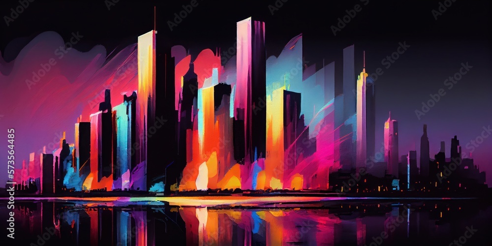 Abstract Watercolor City Skyline Banner in Neon Colors. Generative AI.