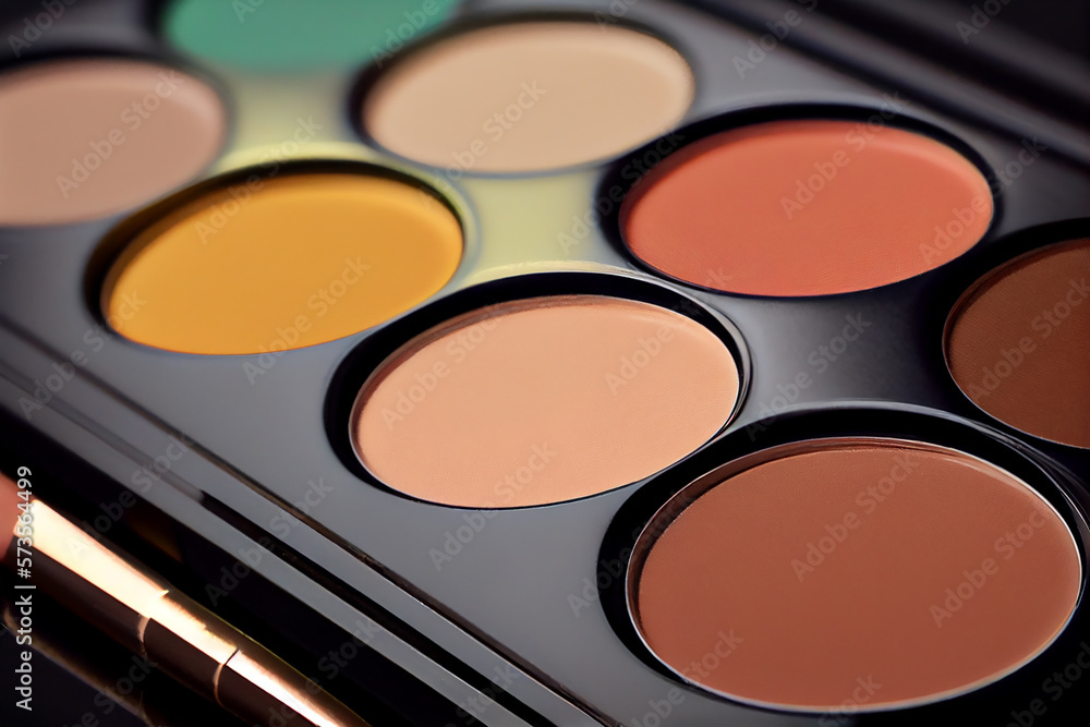 Close up different shades of concealer on make-up artists palette. Generative AI. Close up different shades of concealer on make-up artists palette. Generative AI.