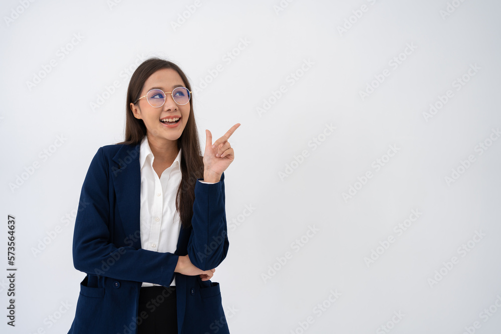 Portrait of smart and happy young thoughtful Asian business women think for new ideas on isolated white background. Concept of advertising marketing and product placement. Portrait of smart and happy young thoughtful Asian business women think for new ideas on isolated white background. Concept of advertising marketing and product placement.
