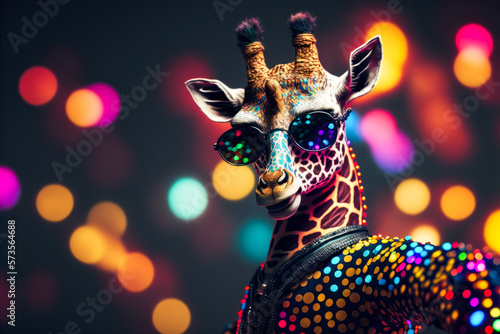 a dancing giraffe wearing disco clothes from the eighties, Generative AI