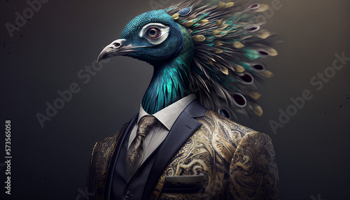 Portrait of a peacock dressed in a formal business suit on isolated background, modern wallpaper, screensaver. Generative AI