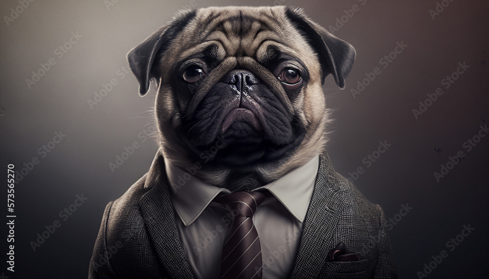 Portrait of pug dog dressed in a formal business suit on isolated background, modern wallpaper, screensaver. Generative AI