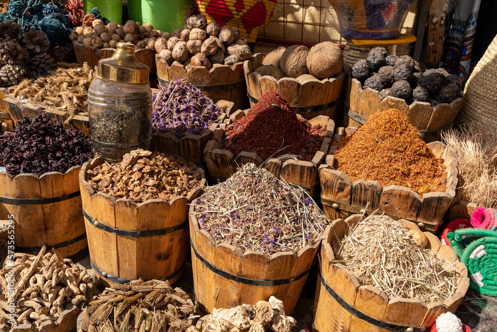 Variety of Spices and Arab Herbs at Traditional Oriental Bazaar at Nubian Village. Aswan. Egypt. Africa. - obrazy, fototapety, plakaty 