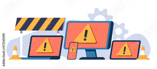 Operating system program error icon on different devices. Warning symbols. Broken software. Computers and smartphones. OS malfunction. Web technology. Unavailable website. Vector concept
