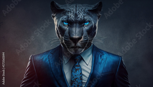 Portrait of black panthera dressed in a formal business suit on isolated background  stylish modern wallpaper  screensaver. Generative AI