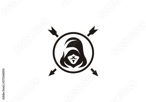 silhouette design logo retro archer robin hood fighter. male face with a beard. Vector flat illustration isolated on white background
 photo