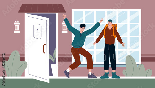 Return home. Long awaited friends meeting. Traveler on house doorstep. People run into each other arms. Guy with backpack coming back at apartment. Greeting embrace. Vector concept