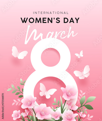 International happy women's day 8 march with flowers and butterfly poster design on pink background, EPS10 Vector illustration.
