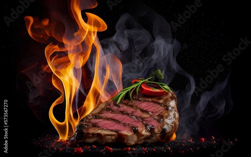 Grilled beef steak on the grill with flame On dark background, landscape view