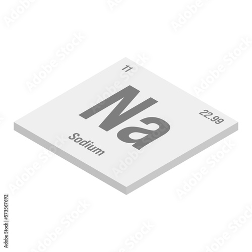 Sodium, Na, gray 3D isometric illustration of periodic table element with name, symbol, atomic number and weight. Alkali metal with various industrial uses, such as in soap, certain types of glass