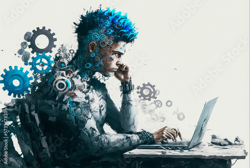 A creative man works on computer to imagine digital and creative solutions illustrated by a graphic illustration of gear and mechanism. Generative AI photo