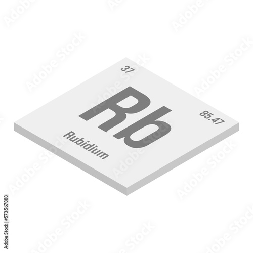 Rubidium, Rb, gray 3D isometric illustration of periodic table element with name, symbol, atomic number and weight. Alkali metal with various industrial uses, such as in certain types of glass, and as