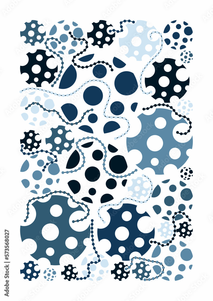 Fototapeta premium Dots and circles. Abstract shapes. Blue colors. Shapes like cartoon cheese. Card or banner. 