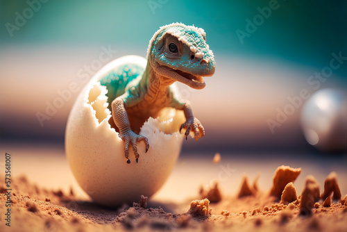 Fototapeta Naklejka Na Ścianę i Meble -  A cute baby dinosaur coming out of its egg, witnessing the era of ferocious dinosaurs and tyrannosaurs, offers a touching and surprising spectacle. Generative AI