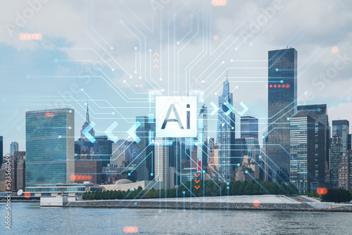 New York City skyline, United Nation headquarters over East River, Manhattan, Midtown at day time, NYC, USA. Artificial Intelligence concept, hologram. AI, machine learning, neural network, robotics