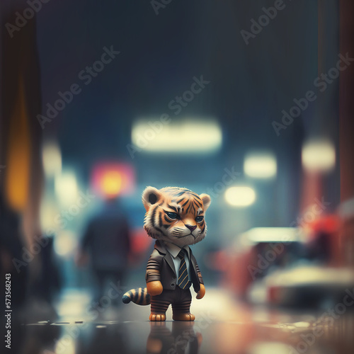 Baby tiger as a business novice on the business or bank street. Generative AI.