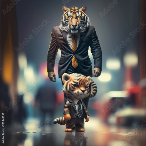 Baby tiger as a business novice on the business or bank street with big boss tiger behind the back. Generative AI. Business success concept. photo