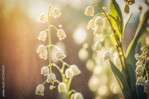 Lilly of the valley blossom in the sun. Generative AI