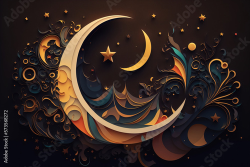 Ramadan greeting card. AI generative illustration of a crescent moon on brown background