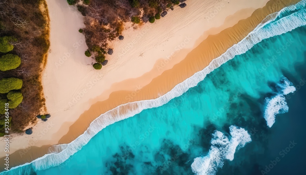 Waves chrashing on a tropical beach seen from a drone view made with generative ai