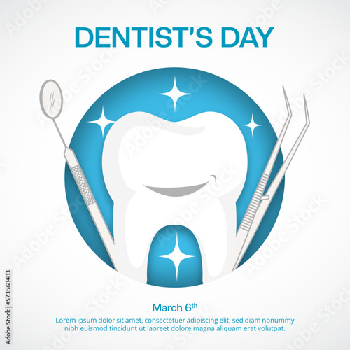 World dentist's day background with a tooth and dentist tools