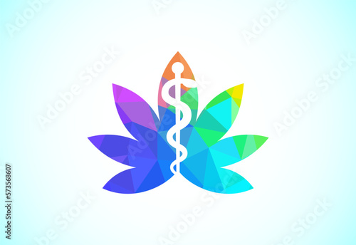 Marijuana leaf. Medical cannabis. Hemp oil. Cannabis or marijuana leaf low poly style logo