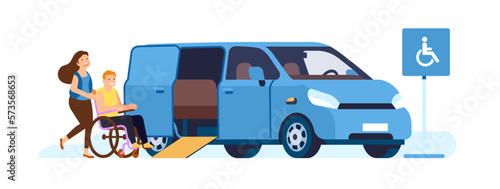 Woman helps disabled person get into special transportation. Paralyzed man in wheelchair. Inclusive accessibility. Handicapped people mobility. Handicap boarding in van. Vector concept