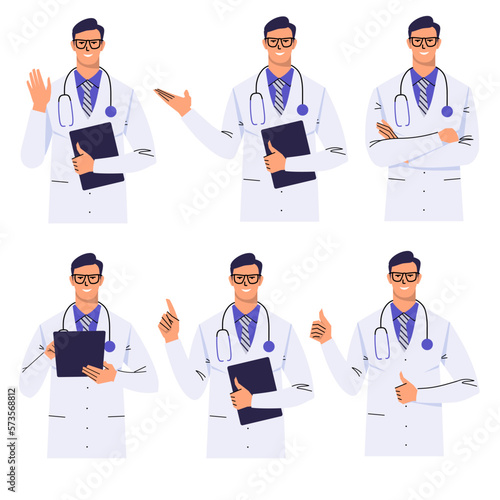 Doctor points with his hand, hands folded, thumbs up, instructs, greets, makes  note on the clipboard. Set of poses and gestures. Portrait in glasses, white coat and stethoscope. Flat vector isolated.