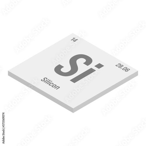 Silicon, Si, gray 3D isometric illustration of periodic table element with name, symbol, atomic number and weight. Non-metal with various industrial uses, such as in electronics, construction, and as