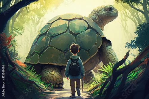 illustration painting of a boy and giant tortoise in the forest, digital painting. (ai generated) photo