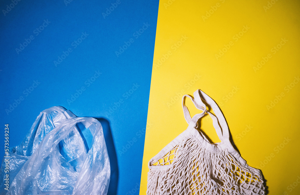 Mesh bag vs plastic bag. Reusable shopping bag instead of plastic bag