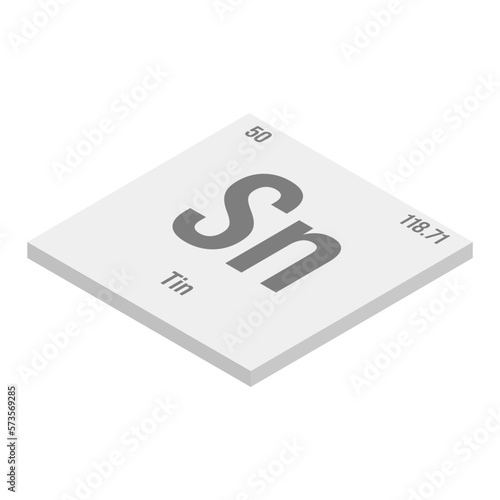 Tin, Sn, gray 3D isometric illustration of periodic table element with name, symbol, atomic number and weight. Post-transition metal with various industrial uses, such as in certain types of alloys