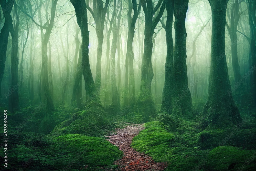 Naklejka premium misty morning in the forest - Created with Generative Ai