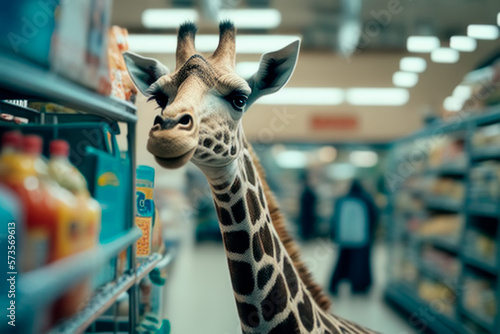 portrait of a giraffe in a supermarket created with Generative AI technology © Edi
