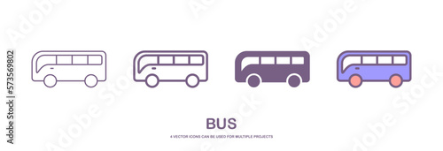 Four different styles of bus or public transport vector icons that can be used for many projects, like web design, app etc. which is isolated on a white background.
